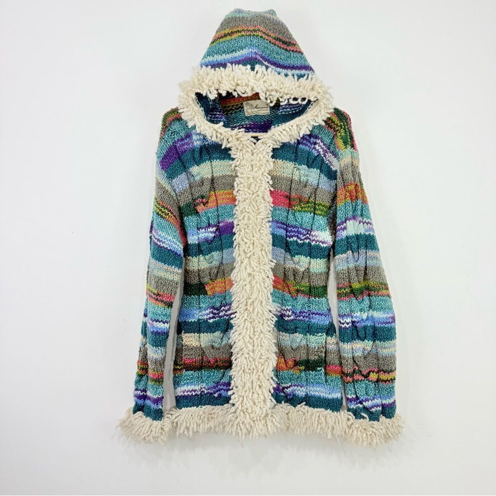 Amano Artisan Handmade Colorful Stripe Hooded Boho Fringe Retro Cardigan Sweater